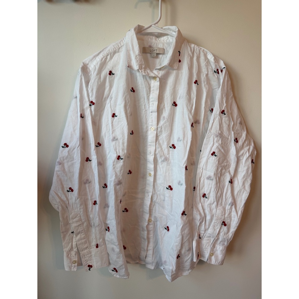 LOFT Womens Large White Embroidered Cherry Button Down Long Sleeve Shirt Top